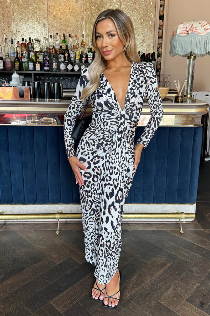 Cream Leopard Print Long Sleeve V Neck Knot Drape Midi Dress - Swimclubus