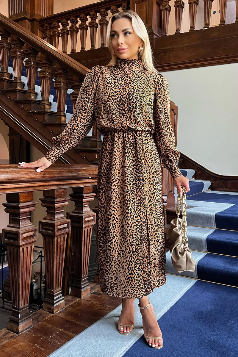 Camel Animal Print High Neck Long Sleeve Midi Dress - Swimclubus