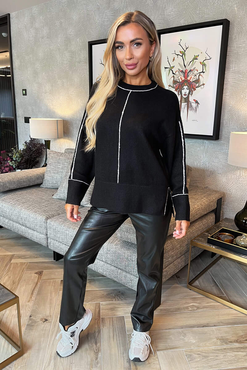 Black Round Neck Contrast Piping Detail Jumper - Swimclubus
