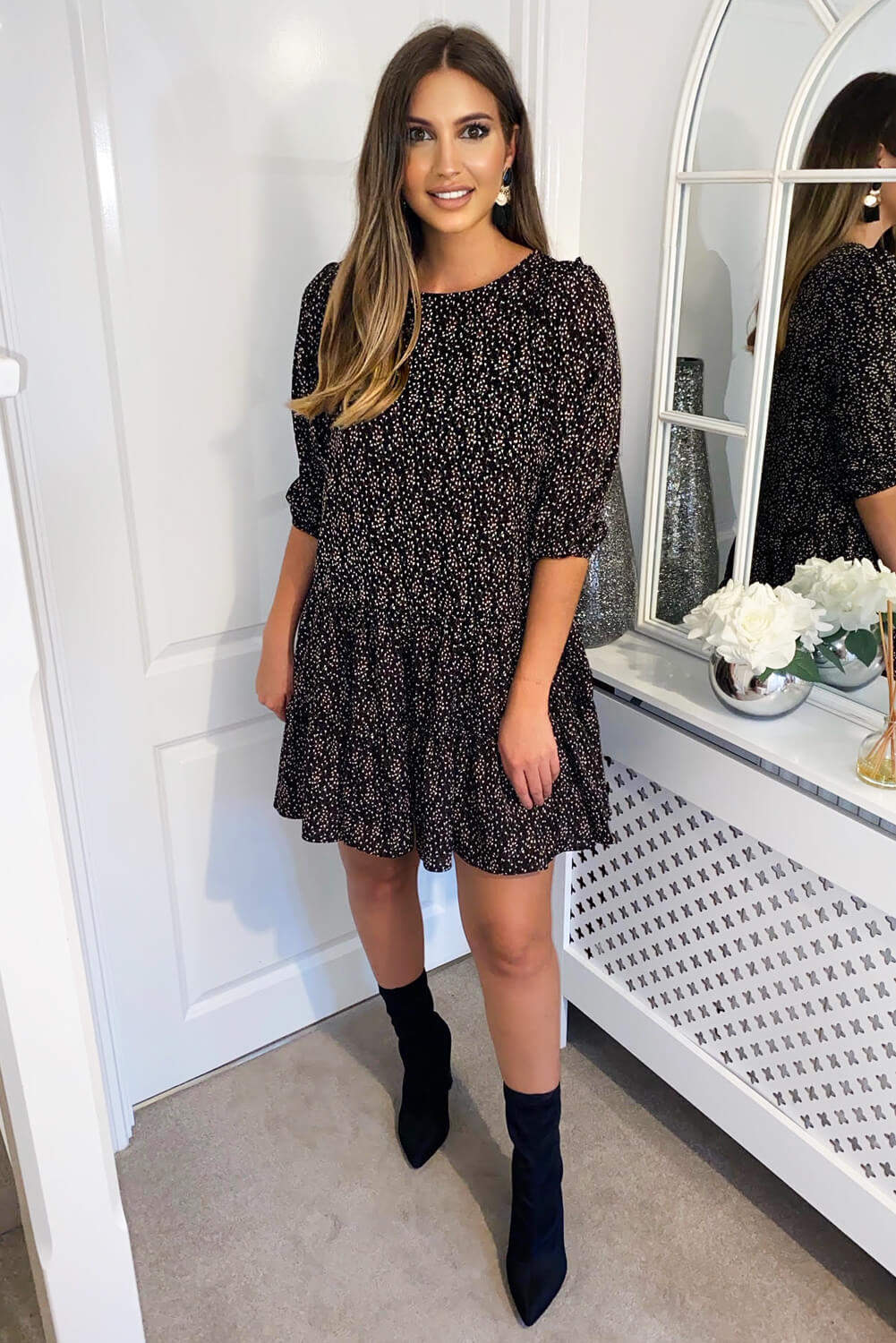 Black Ditsy Floral Frill Swing Dress - Swimclubus