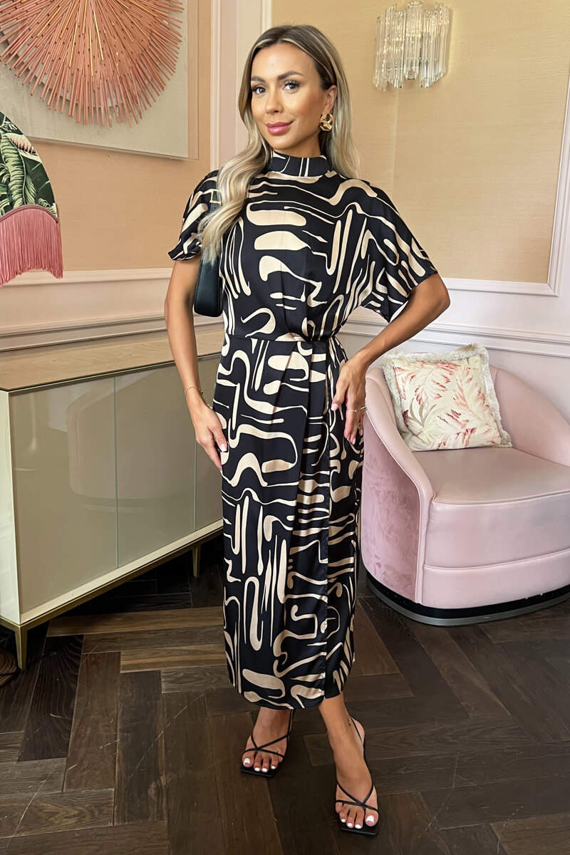 Black Geometric Pattern High Neck Wrap Skirt Midi Dress - Swimclubus