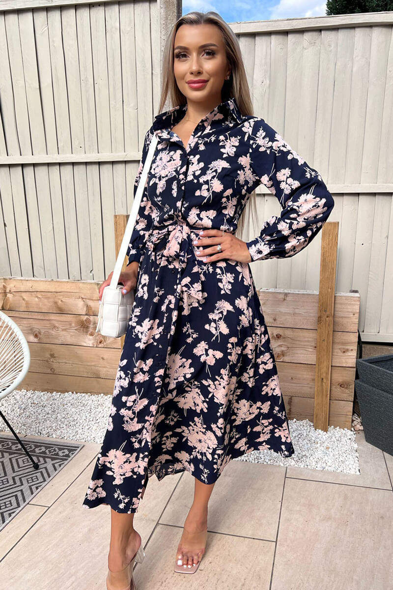 Navy And Pink Floral Button Up Midi Shirt Dress - Swimclubus