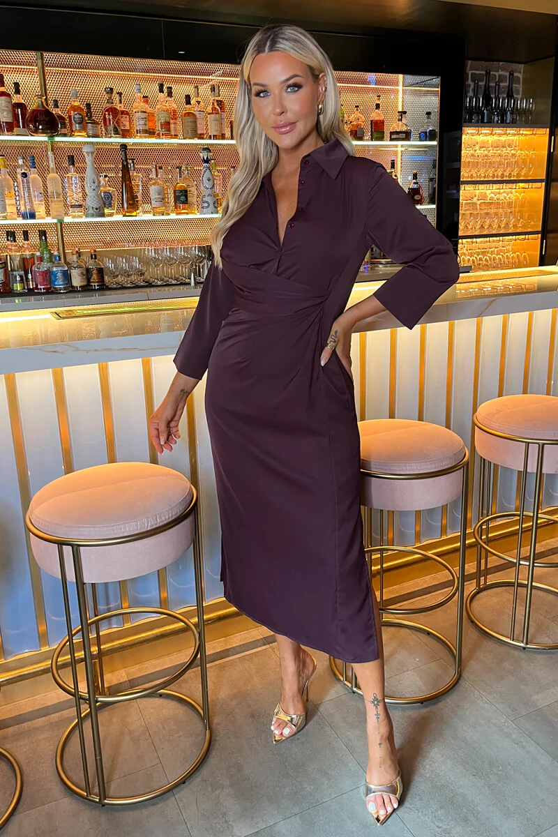 Plum 3/4 Sleeves Gathered Waist Shirt Midi Dress - Swimclubus
