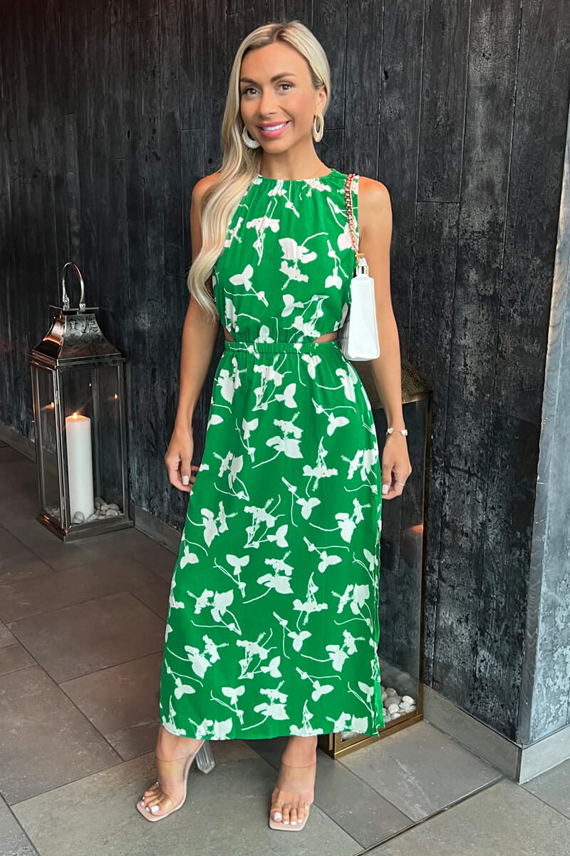 Green And White Floral Printed Cut Out Midi Dress - Swimclubus