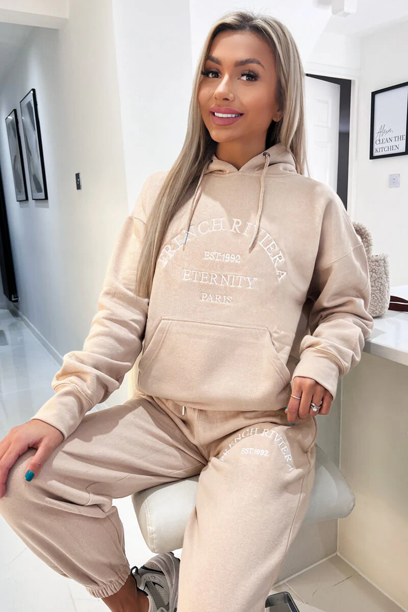 Stone French Riviera Embroidered Slogan Hoodie Lounge Set - Swimclubus