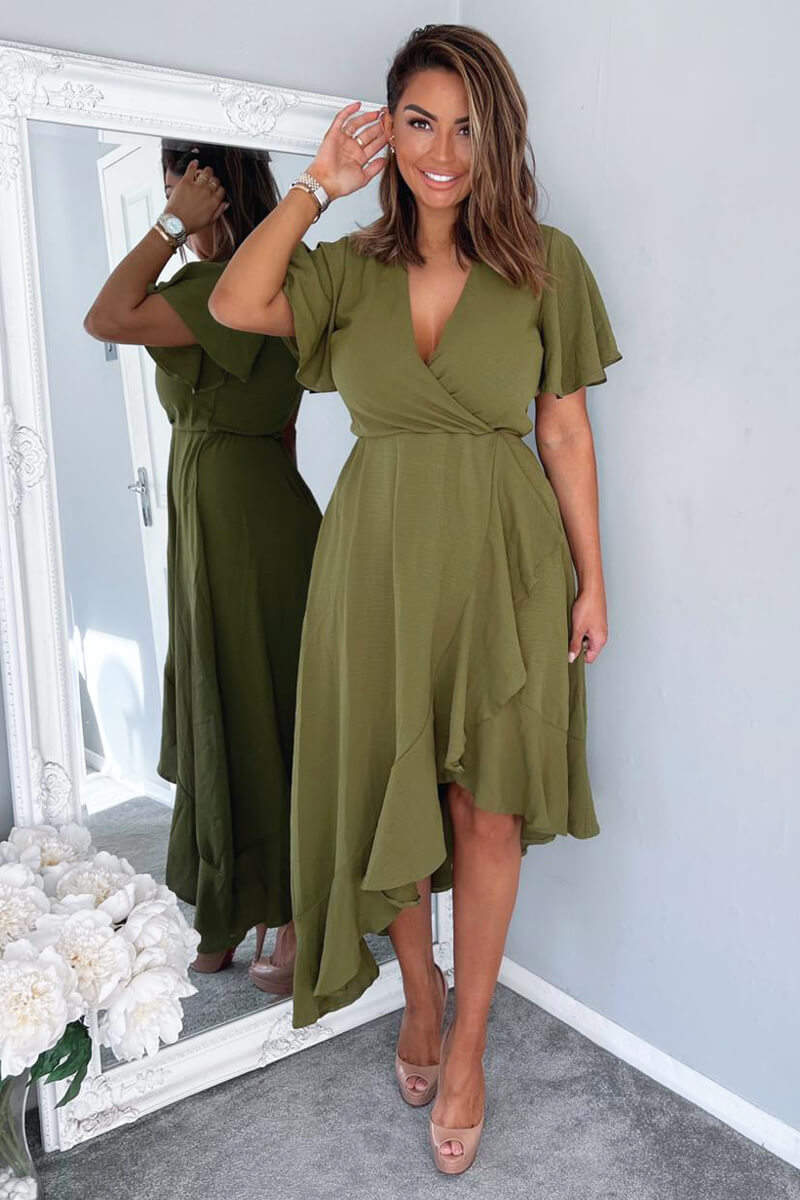 Olive Wrap Over Top Frill Hem Midi Dress - Swimclubus