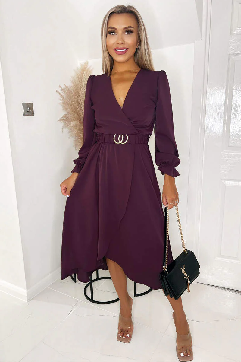 Plum Long Sleeve Belted Midi Dress - Swimclubus