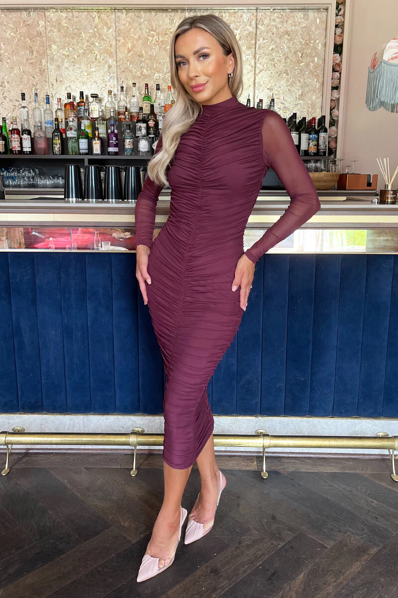 Plum High Neck Long Sleeve Ruched Bodycon Mesh Midi Dress - Swimclubus