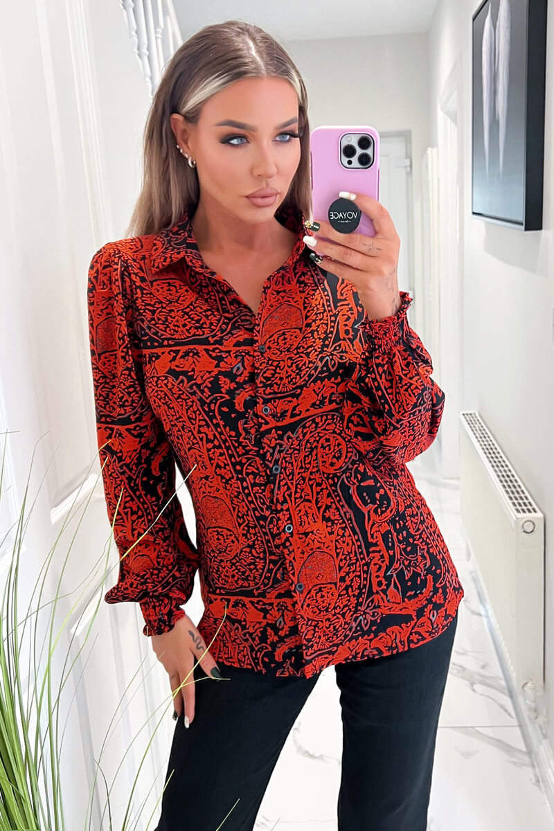 Red And Black Printed Long Sleeve Shirt - Swimclubus