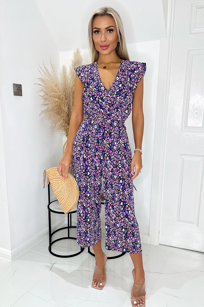 Purple Animal Print V Neck Belted Jumpsuit - Swimclubus