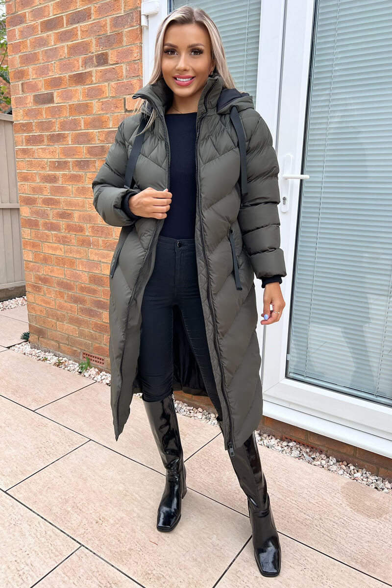 Khaki Hooded Puffer Coat with Zip Front Pockets - Swimclubus