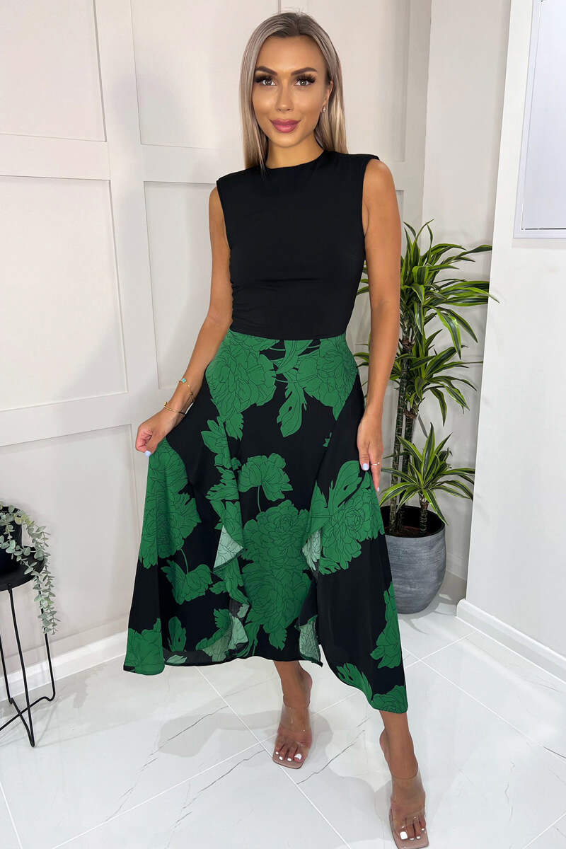 Green And Black Floral Print 2 in 1 Midi Dress - Swimclubus