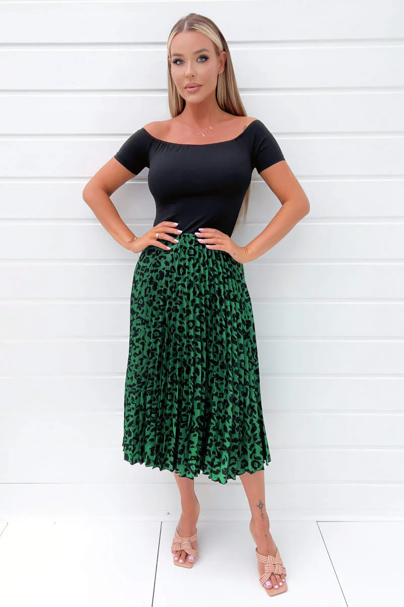 Black And Green Animal Print 2 In 1 Pleated Midi Dress - Swimclubus