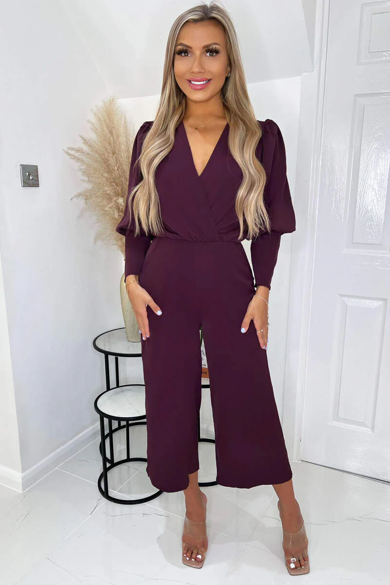Plum Wrap Top Long Sleeve Culotte Jumpsuit - Swimclubus