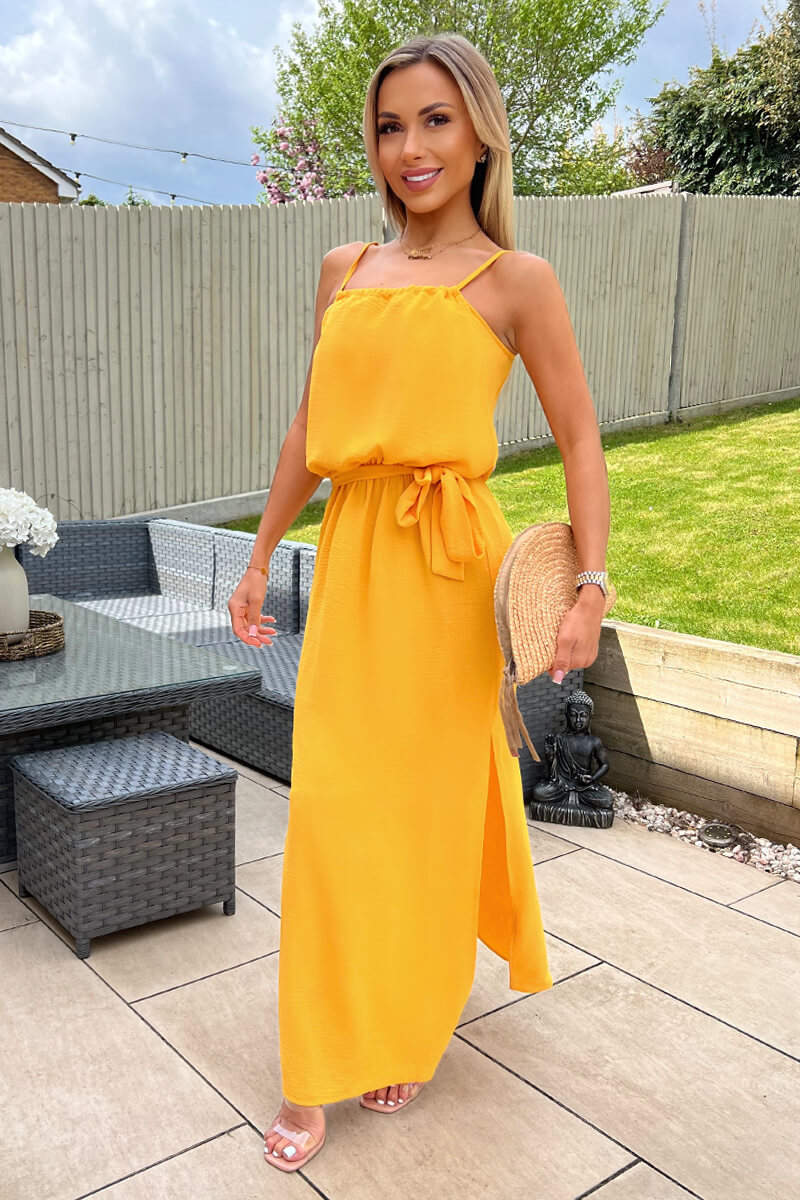 Yellow Tie Waist Strappy Split Leg Midi Dress - Swimclubus