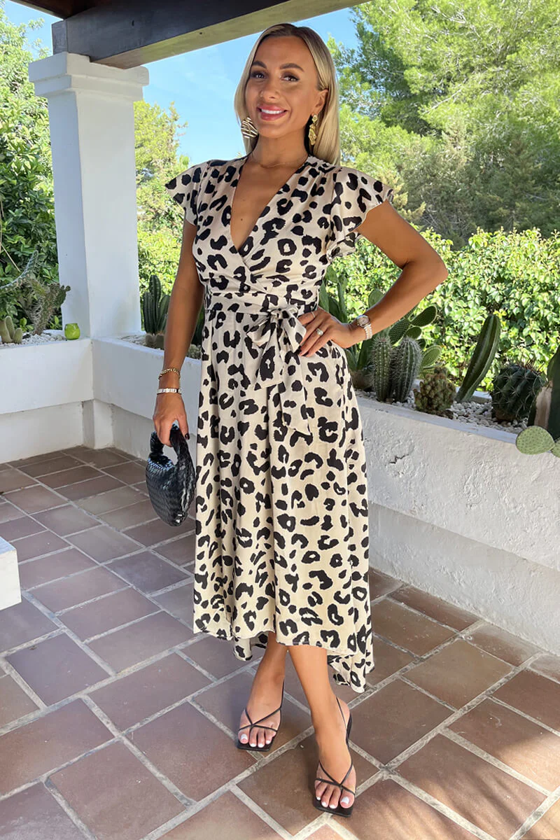 Black And Cream Leopard Print Short Sleeve Belted Wrap Midi Dress - Swimclubus