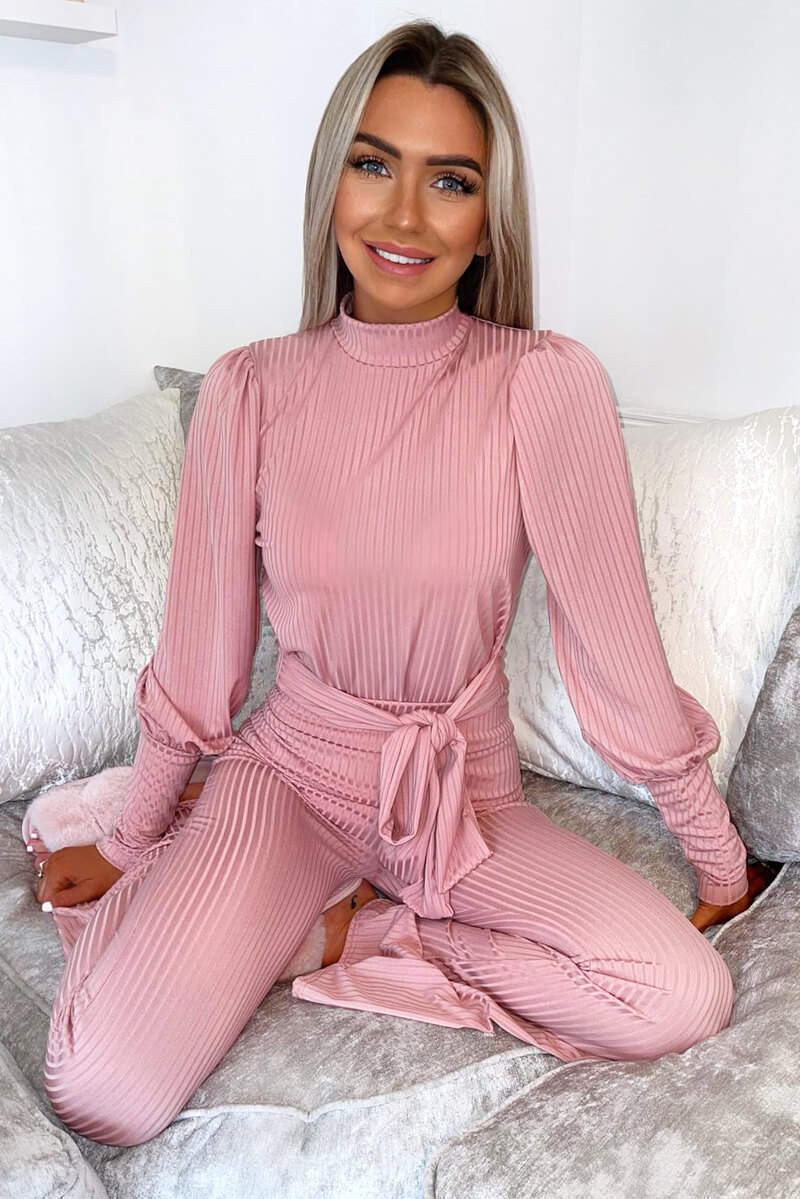 Dusty Pink Ribbed Tie Waist Lounge Set - Swimclubus