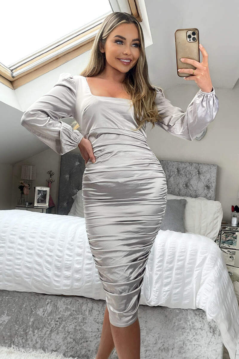 Oyster Satin Square Neck Ruched Dress - Swimclubus