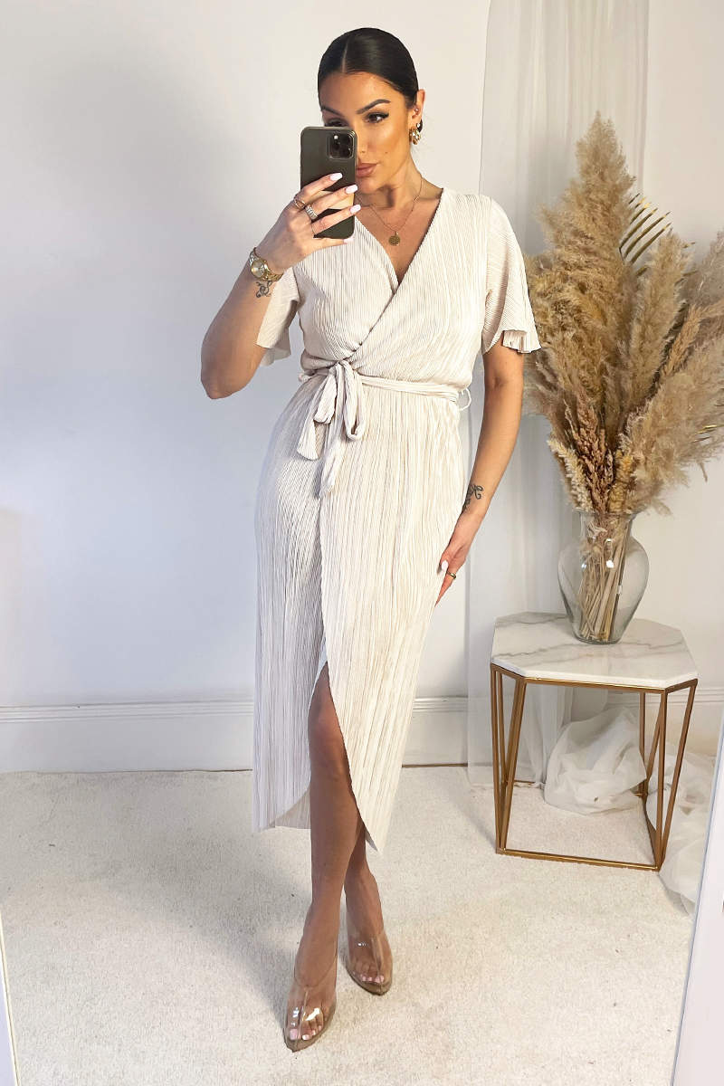 Cream Wrap Top Belted Short Sleeve Plisse Midi Dress - Swimclubus