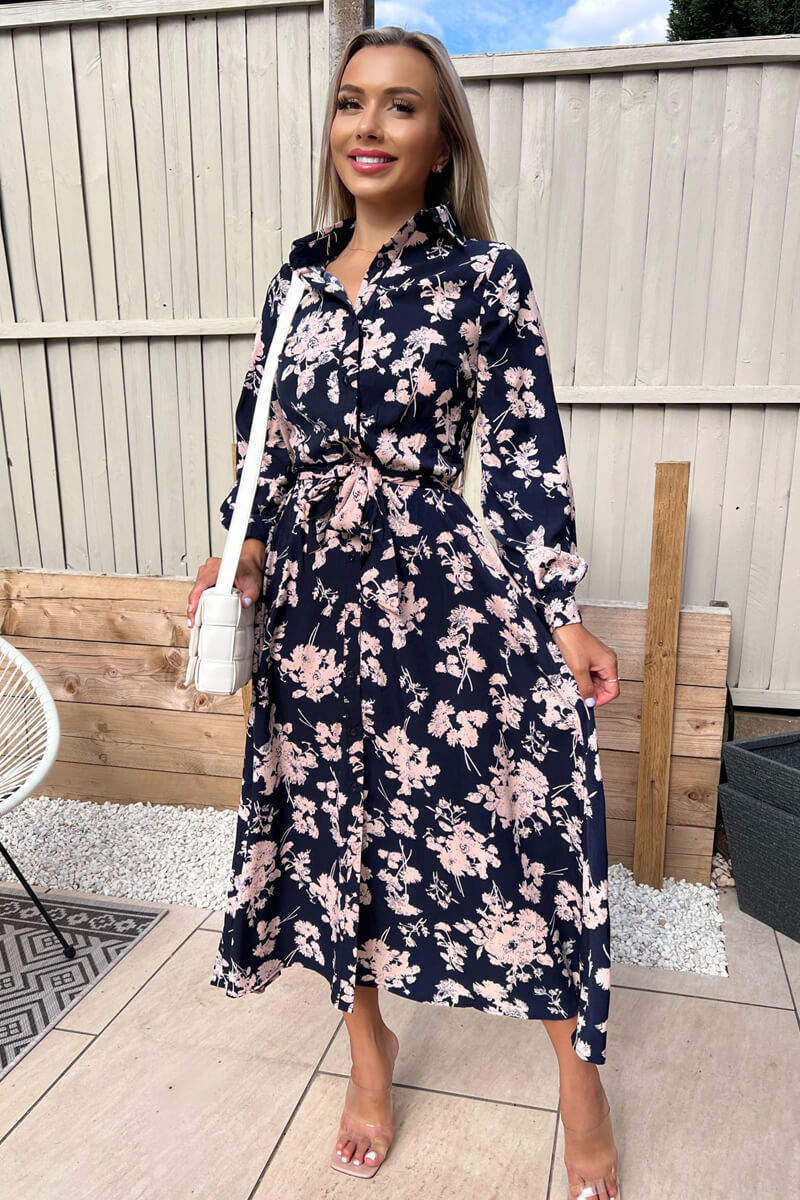 Navy And Pink Floral Button Up Midi Shirt Dress - Swimclubus