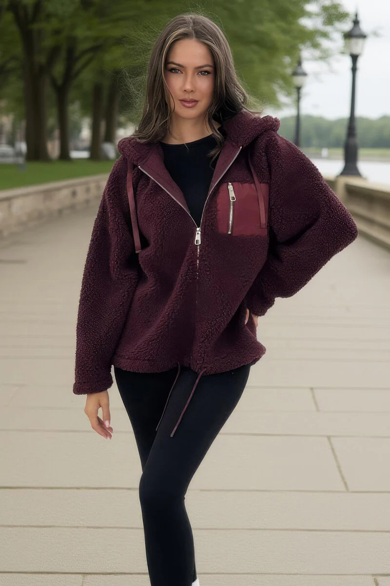 Burgundy Pocket Detail Hooded Teddy Jacket - Swimclubus