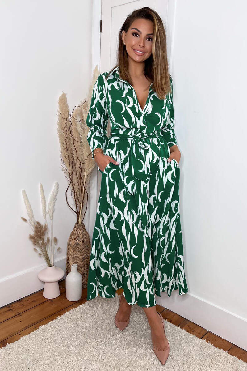 Green And White Printed Button Up Long Sleeve Midi Dress - Swimclubus