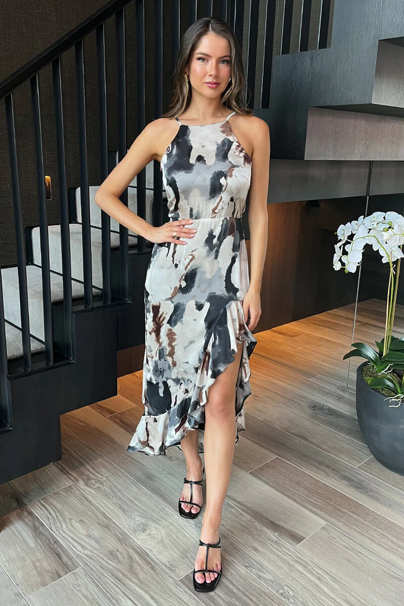 Multi Marble Print Strappy High Low Frill Hem Midi Dress - Swimclubus