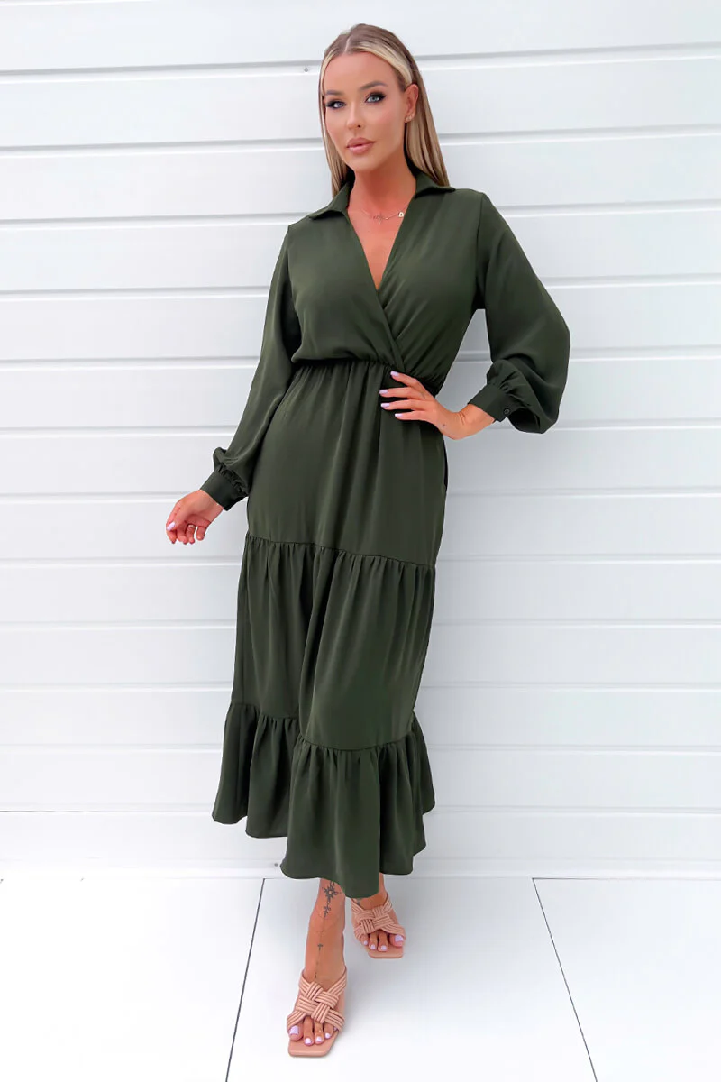 Olive Long Sleeve Wrap Top Smock Midi Dress - Swimclubus