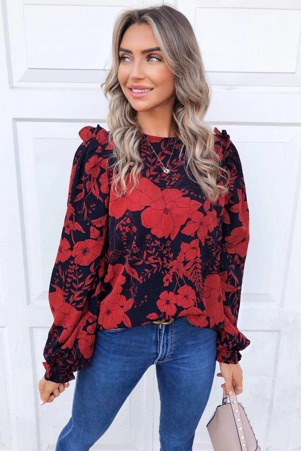 Red Floral Frill Shoulder Blouse - Swimclubus