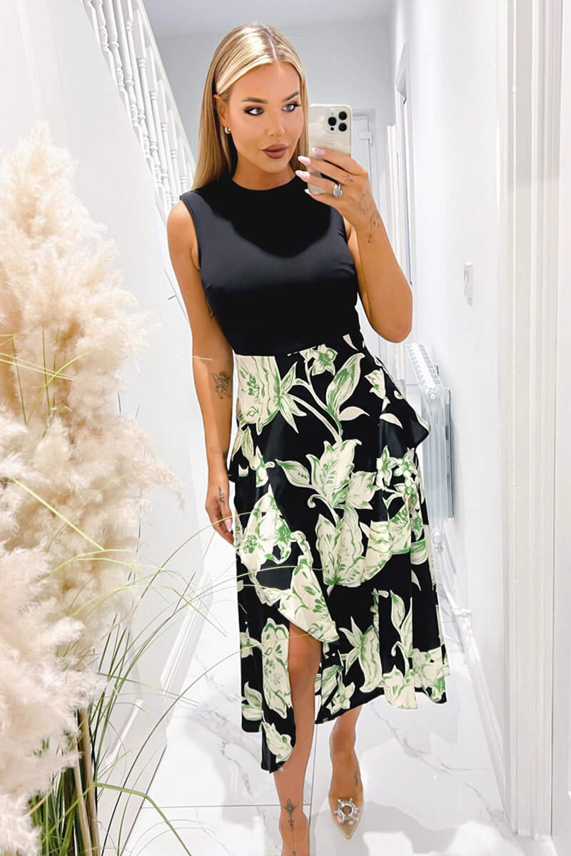 Multi Floral 2 In 1 Frill Split Midi Dress - Swimclubus