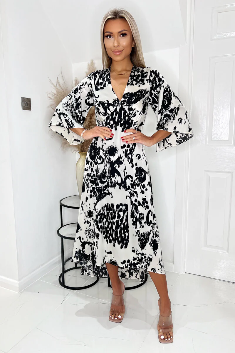Black And Cream Printed V Neck Bell Sleeve Midi Dress - Swimclubus