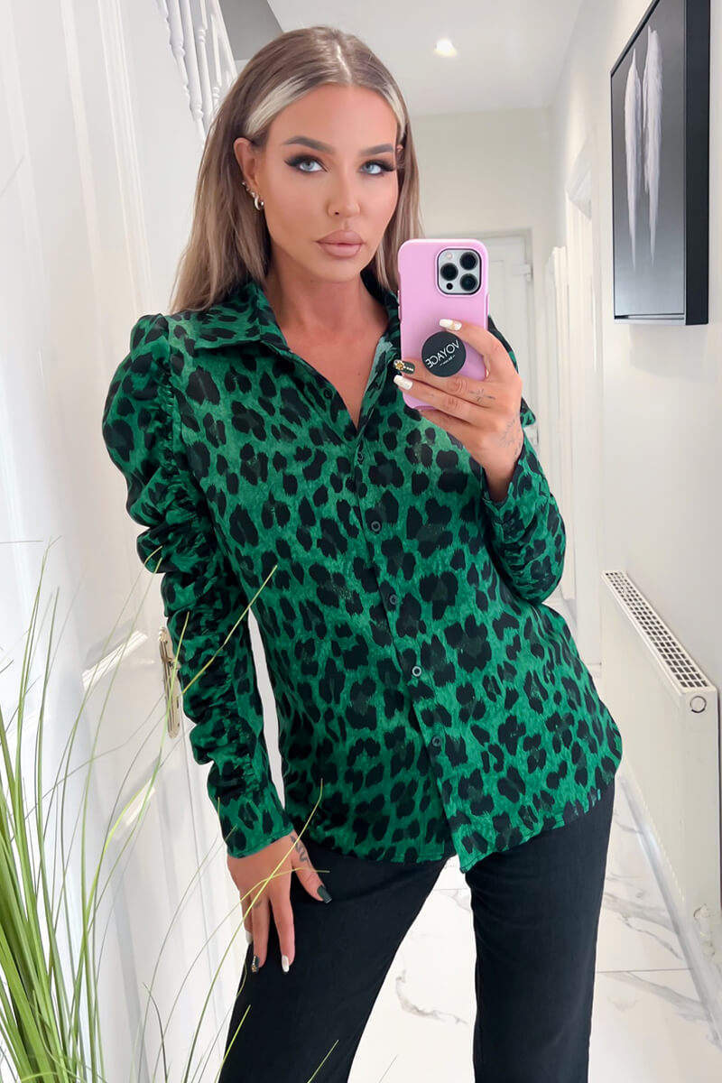 Green and Black Animal Print Ruched Sleeve Shirt - Swimclubus
