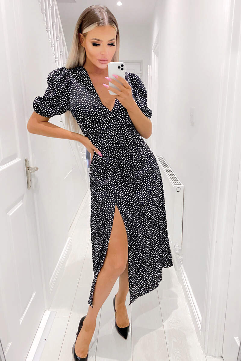 Black Spotty Wrap Over Split Midi Dress - Swimclubus