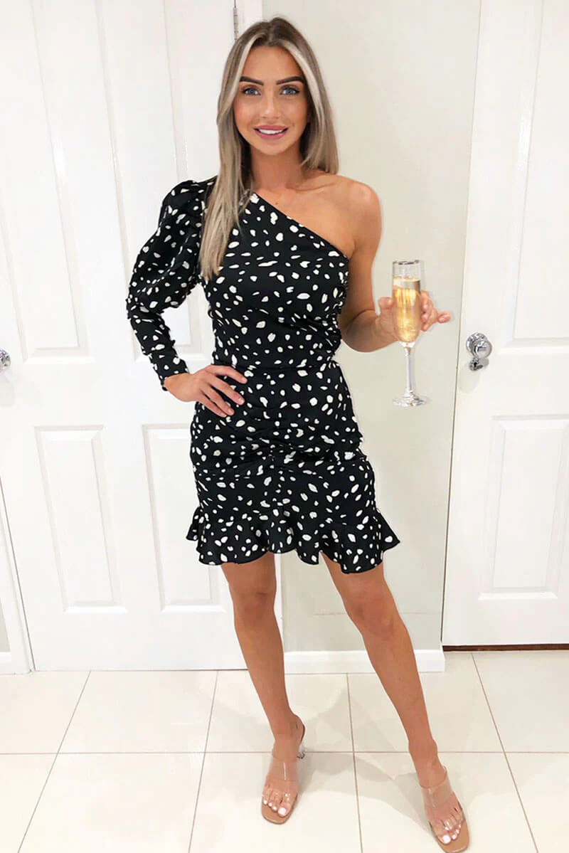 Black Spotty One Shoulder Frill Dress - Swimclubus