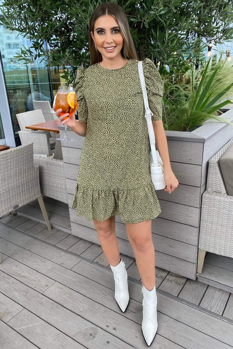 Olive Ditsy Leaf Print Shift Dress - Swimclubus