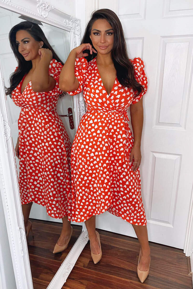 Red Heart Printed Wrap Midi Dress - Swimclubus