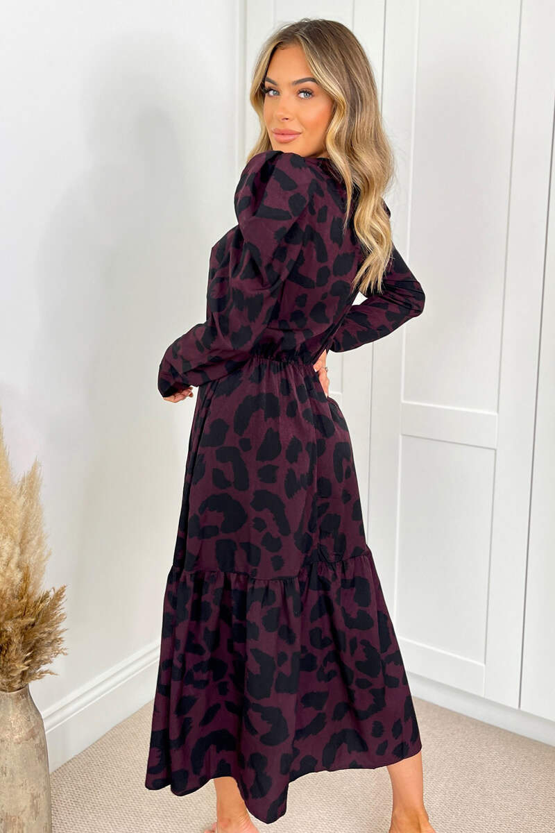 Plum And Black Animal Print Long Sleeve Midi Smock Dress - Swimclubus