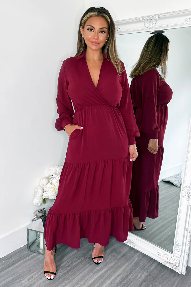 Wine Long Sleeve Wrap Top Smock Midi Dress - Swimclubus