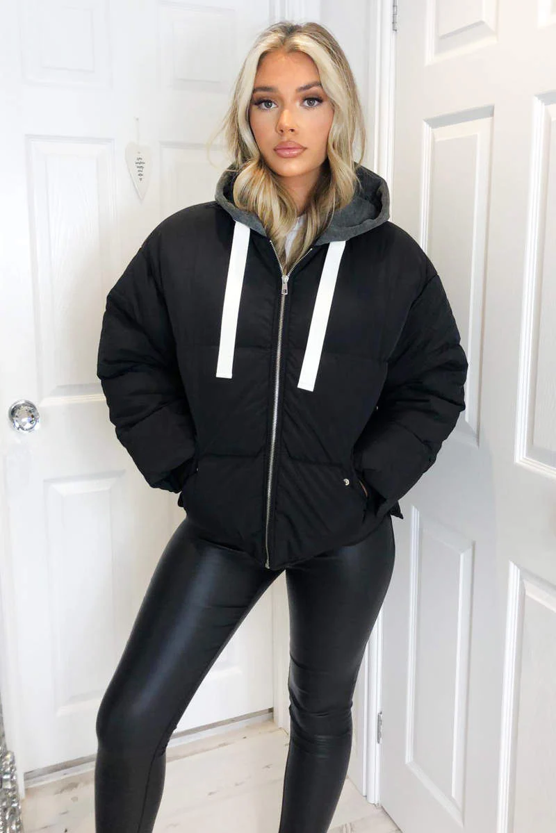 Black Fabric Hood Puffer Jacket - Swimclubus