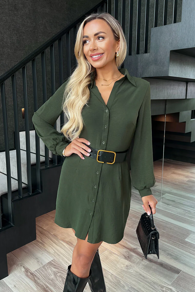Olive Button Front Belted Shirt Mini Dress - Swimclubus