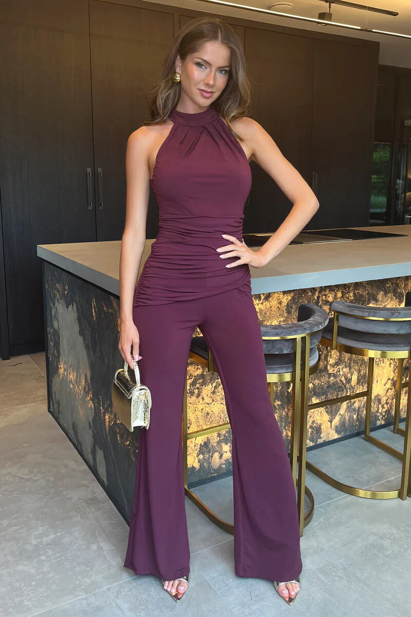 Plum Pleated Halter Neck Draped Waist Detail Jumpsuit - Swimclubus