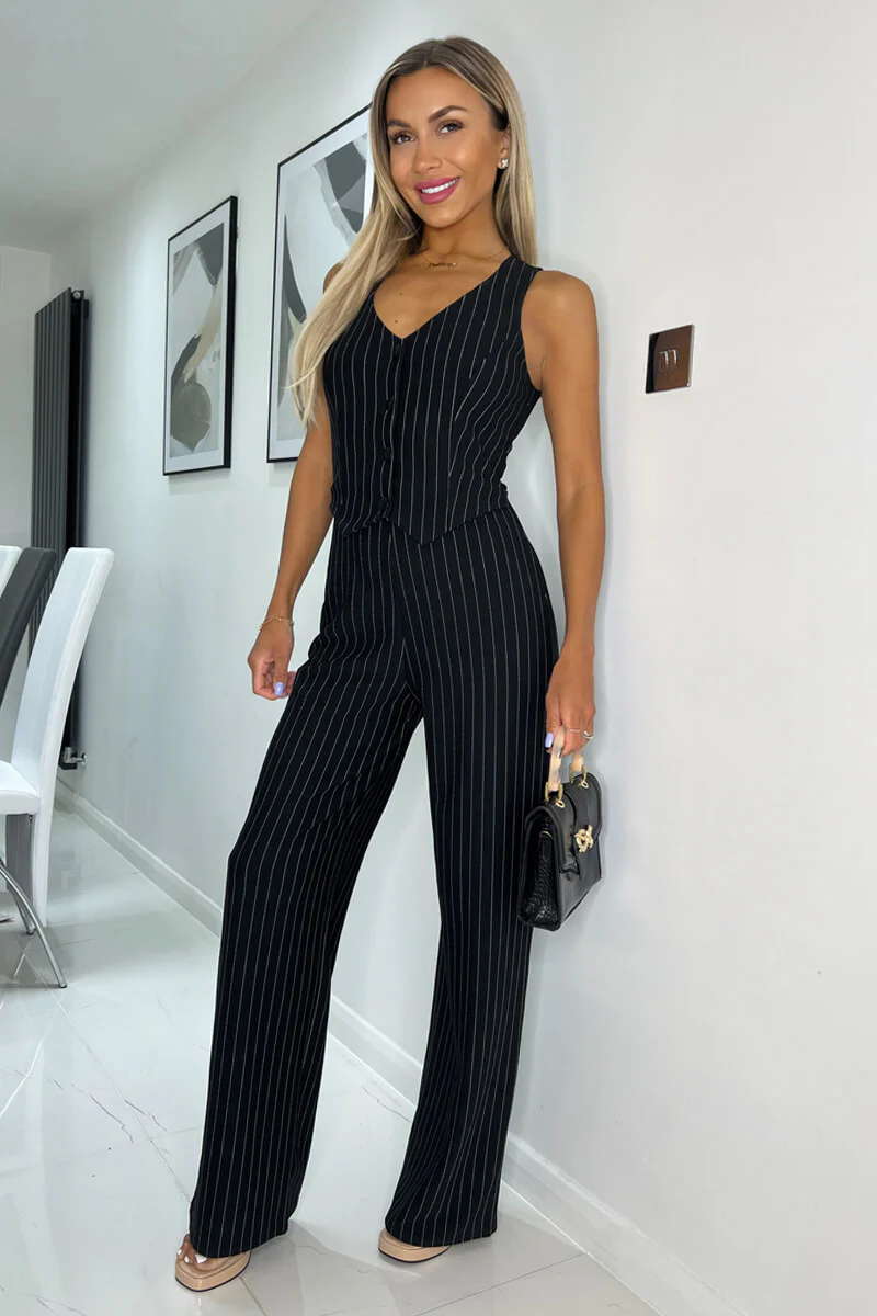 Black Pinstripe Waistcoat Detail Wide Leg Jumpsuit - Swimclubus