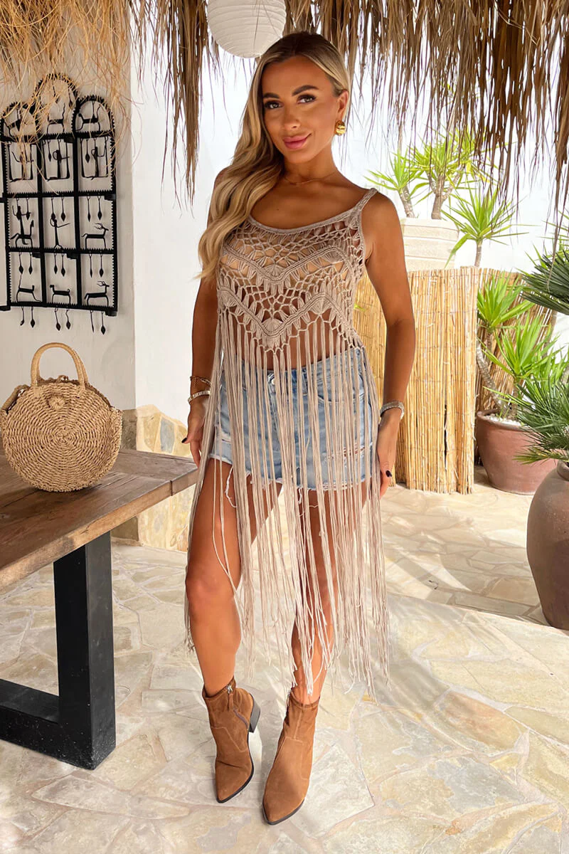 Mocha Open Knit Crochet Fringe Hem Crop Top - Swimclubus