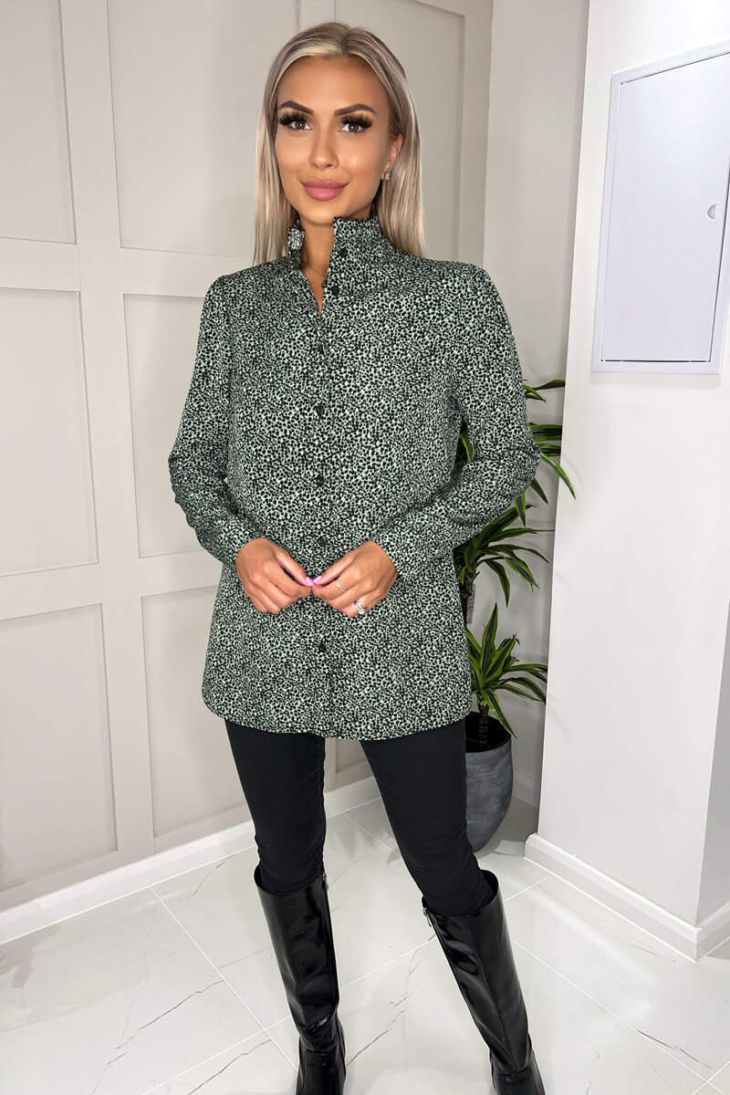 Sage And Black Printed Ruffle Neck Shirt - Swimclubus