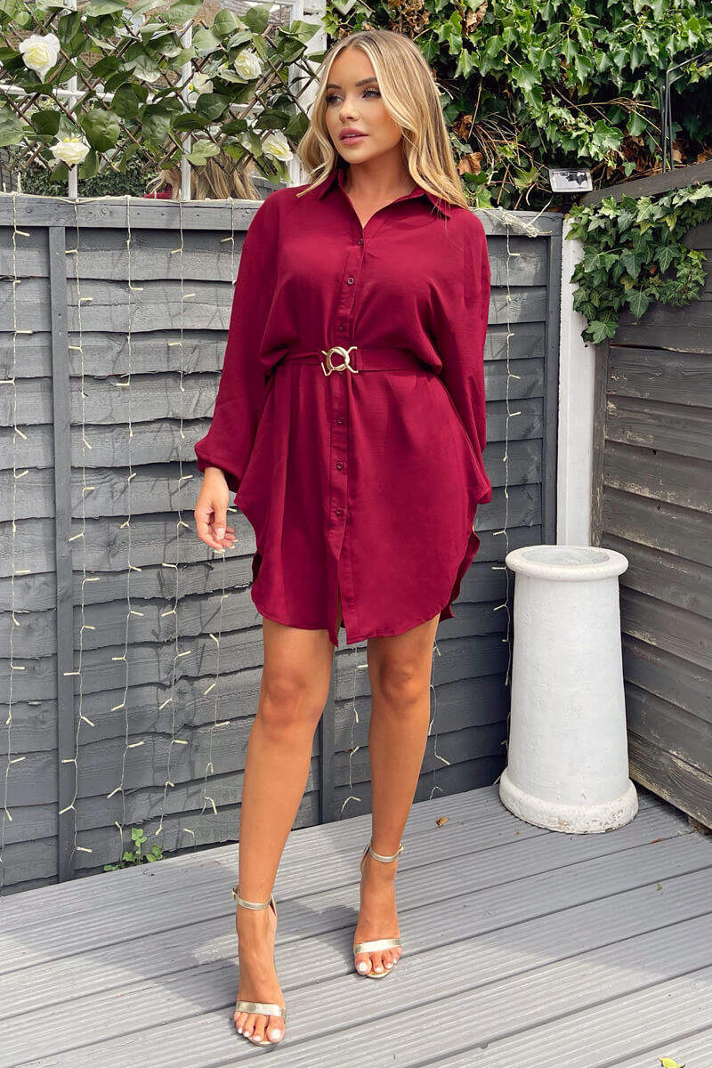 Wine Belted Long Sleeve Shirt Dress - Swimclubus
