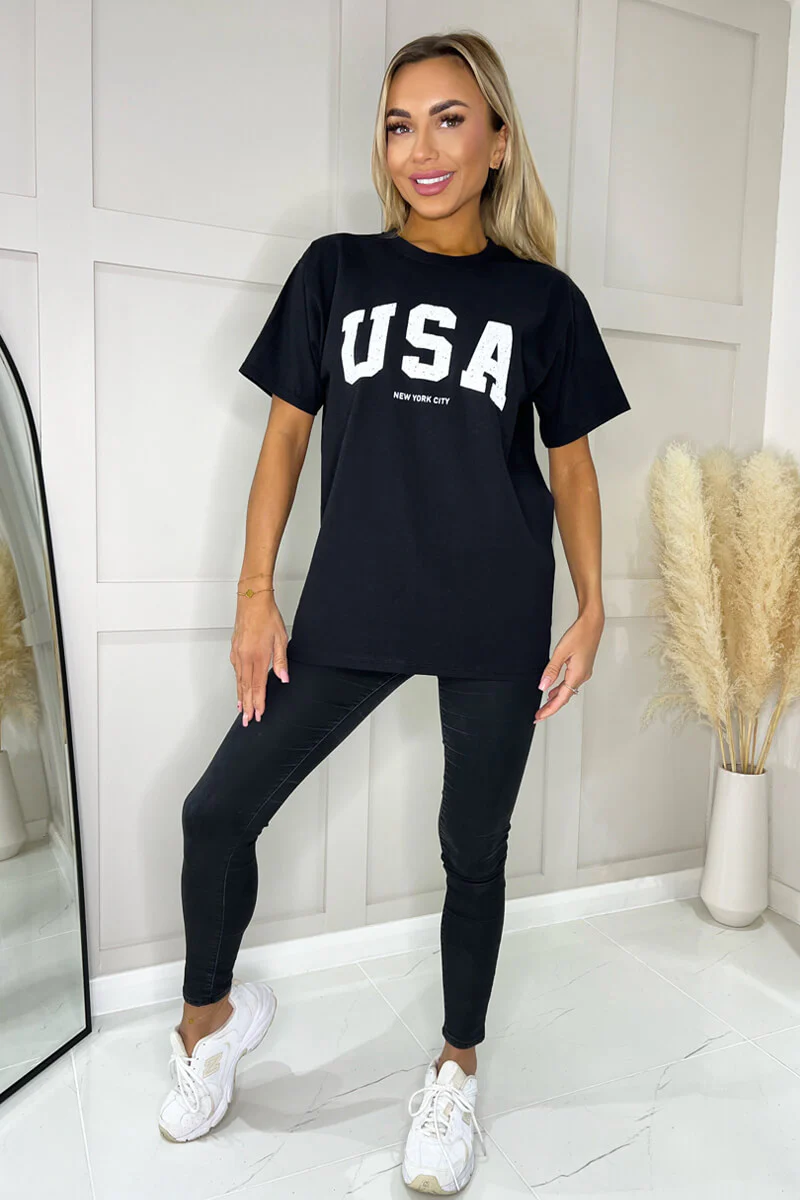 Black USA Slogan T- Shirt - Swimclubus