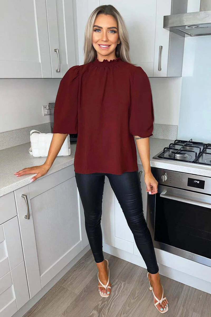 Wine Elasticated Neck Puff Sleeve Blouse - Swimclubus