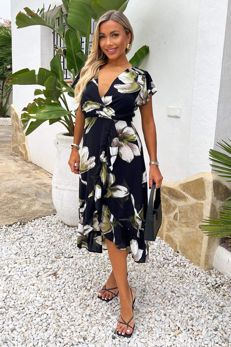 Black And White Floral Print Frill Hem Wrap Midi Dress - Swimclubus