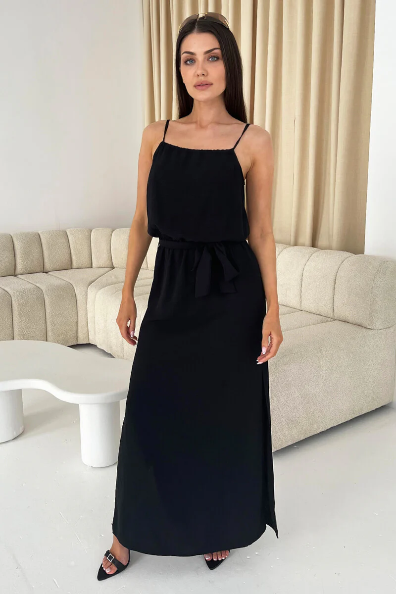 Black Tie Waist Strappy Split Leg Midi Dress - Swimclubus