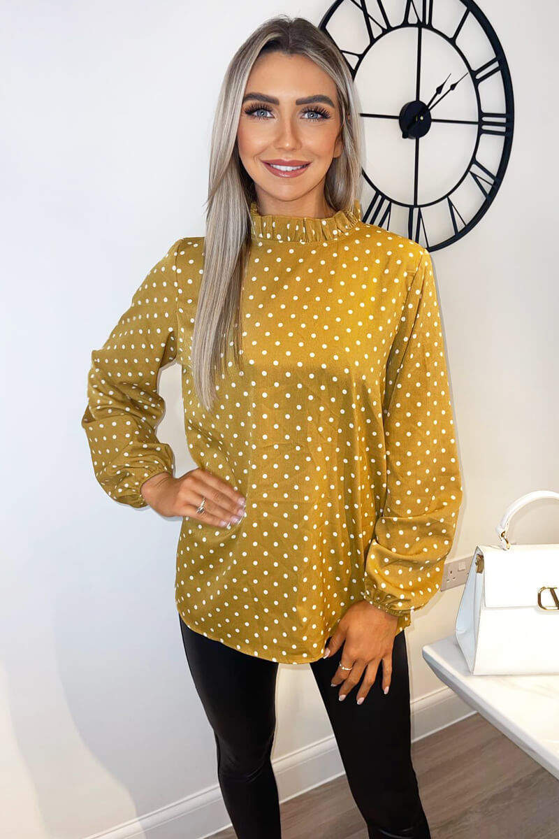 Mustard Polka Dot High Neck Long Sleeve Top - Swimclubus